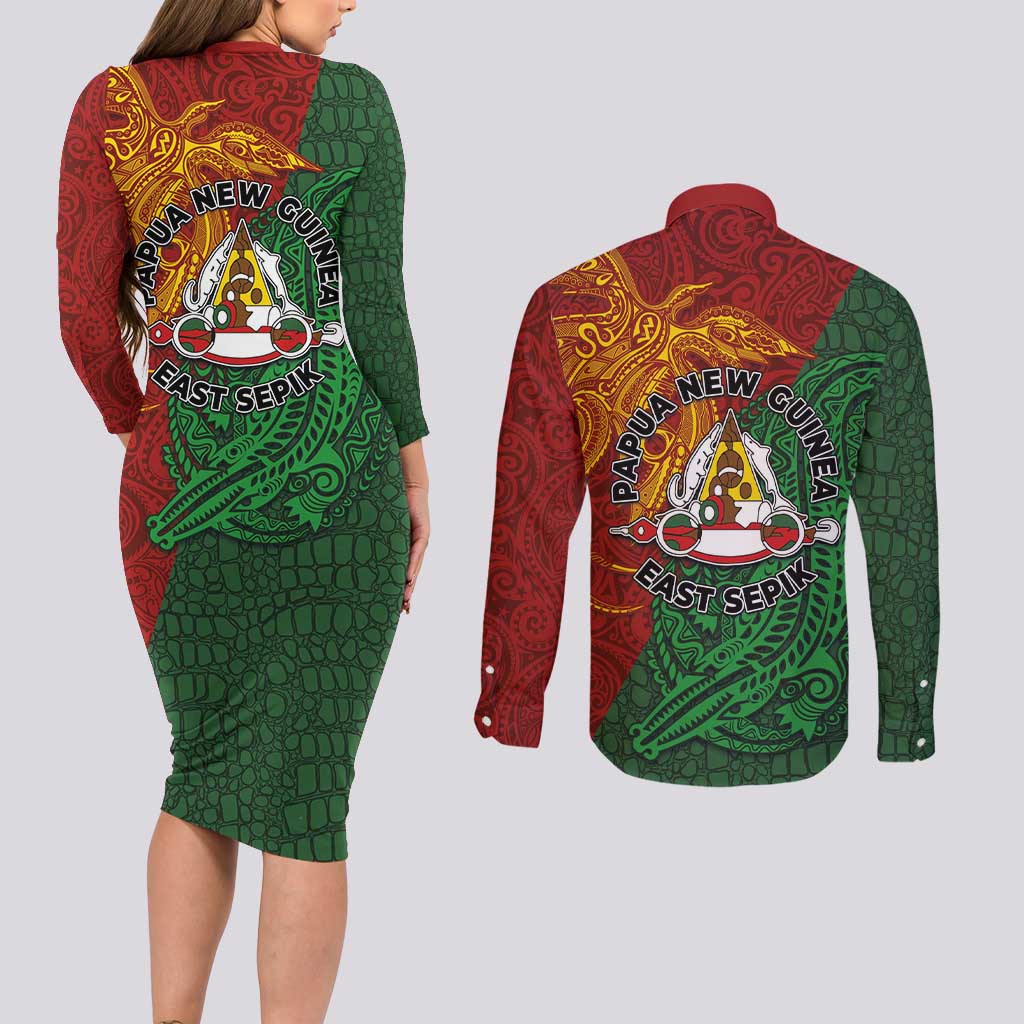 Papua New Guinea East Sepik Province Couples Matching Long Sleeve Bodycon Dress and Long Sleeve Button Shirt Tribal Crocodile Birds of Paradise Melanesian Tattoo