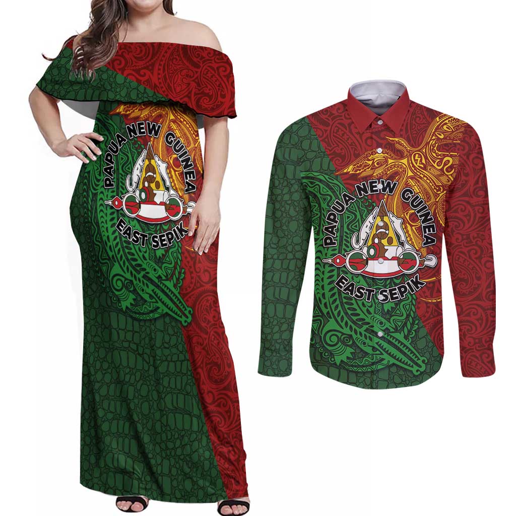 Papua New Guinea East Sepik Province Couples Matching Off Shoulder Maxi Dress and Long Sleeve Button Shirt Tribal Crocodile Birds of Paradise Melanesian Tattoo LT03 Green - Polynesian Pride