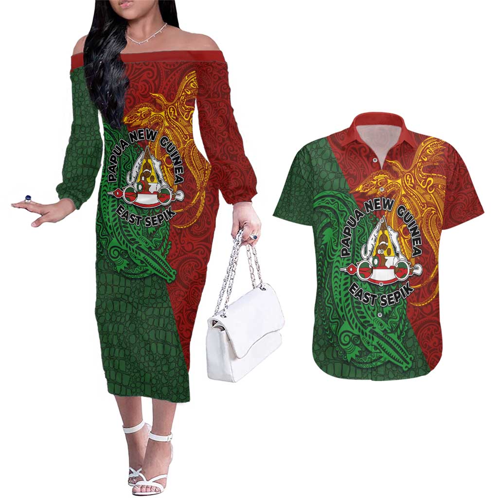 Papua New Guinea East Sepik Province Couples Matching Off The Shoulder Long Sleeve Dress and Hawaiian Shirt Tribal Crocodile Birds of Paradise Melanesian Tattoo