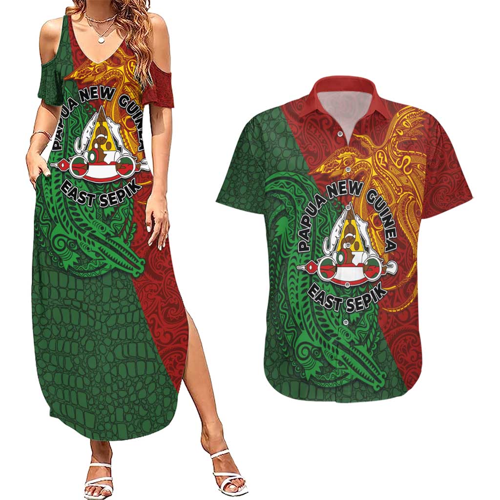 Papua New Guinea East Sepik Province Couples Matching Summer Maxi Dress and Hawaiian Shirt Tribal Crocodile Birds of Paradise Melanesian Tattoo