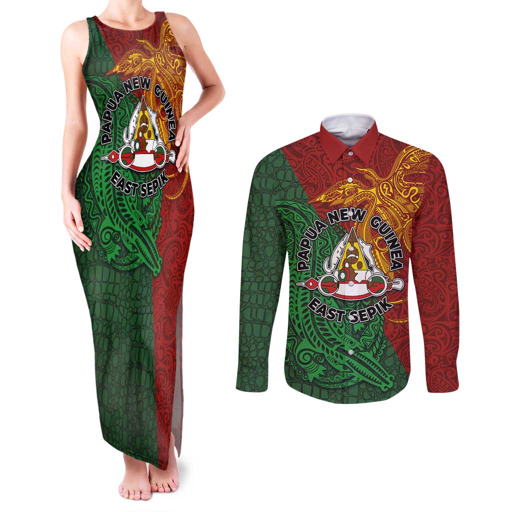 Papua New Guinea East Sepik Province Couples Matching Tank Maxi Dress and Long Sleeve Button Shirt Tribal Crocodile Birds of Paradise Melanesian Tattoo LT03 Green - Polynesian Pride