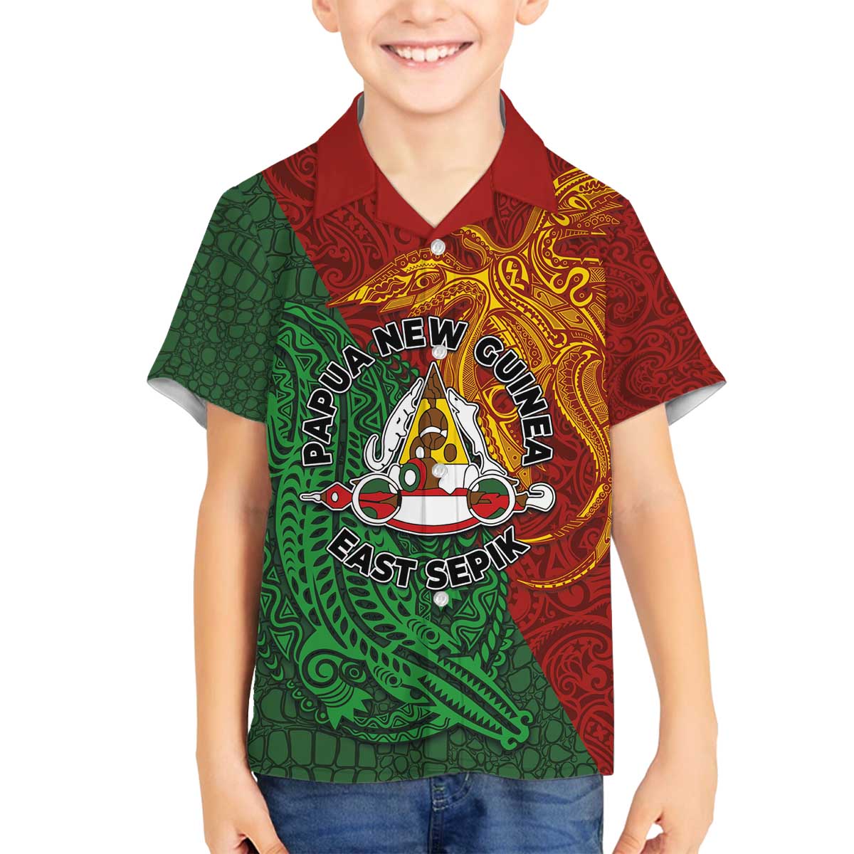 Papua New Guinea East Sepik Province Family Matching Off The Shoulder Long Sleeve Dress and Hawaiian Shirt Tribal Crocodile Birds of Paradise Melanesian Tattoo LT03 Son's Shirt Green - Polynesian Pride