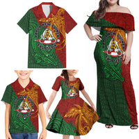 Papua New Guinea East Sepik Province Family Matching Off Shoulder Maxi Dress and Hawaiian Shirt Tribal Crocodile Birds of Paradise Melanesian Tattoo