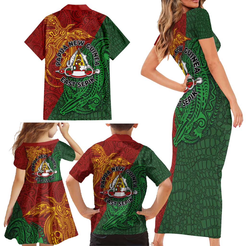 Papua New Guinea East Sepik Province Family Matching Short Sleeve Bodycon Dress and Hawaiian Shirt Tribal Crocodile Birds of Paradise Melanesian Tattoo