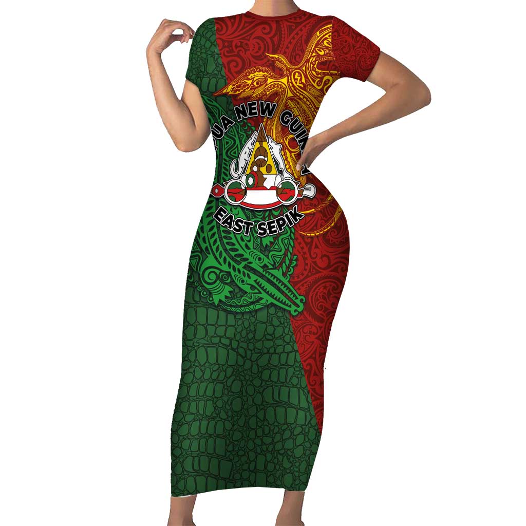Papua New Guinea East Sepik Province Family Matching Short Sleeve Bodycon Dress and Hawaiian Shirt Tribal Crocodile Birds of Paradise Melanesian Tattoo