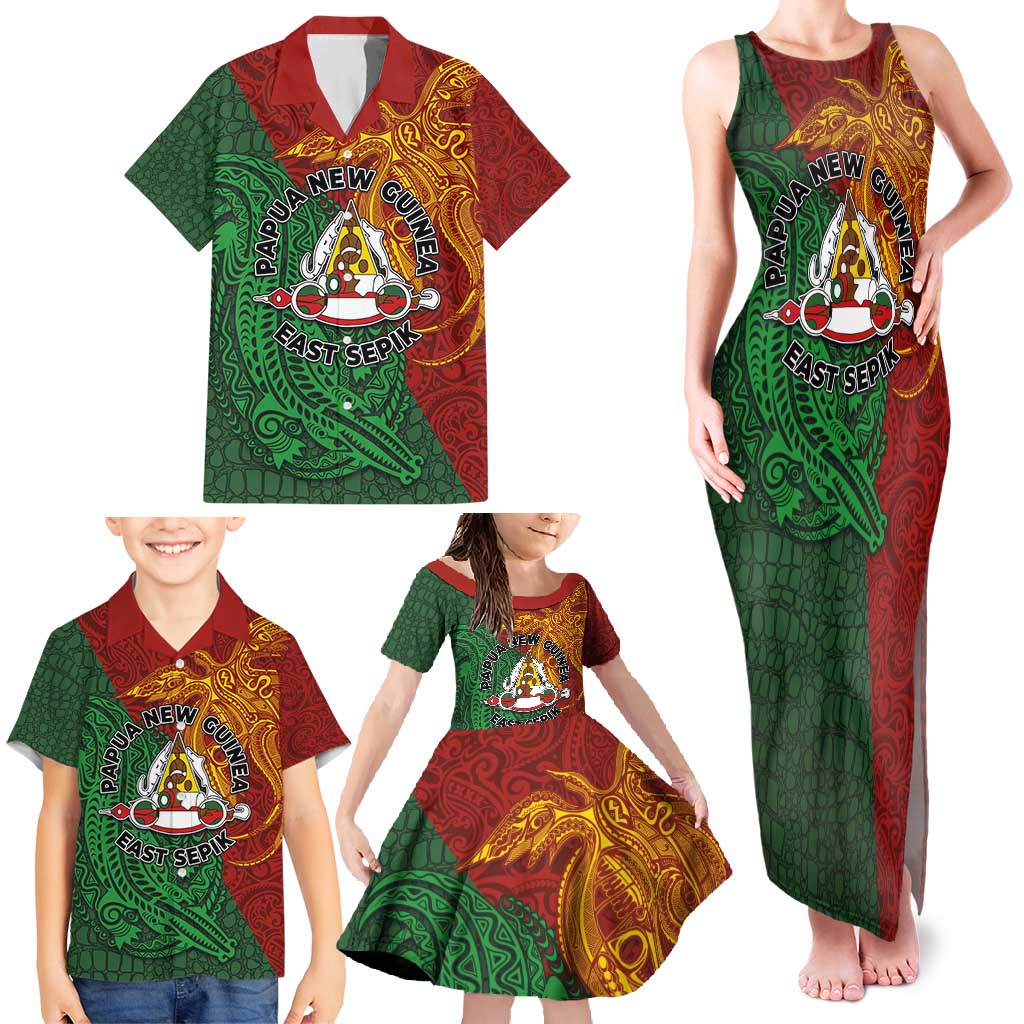 Papua New Guinea East Sepik Province Family Matching Tank Maxi Dress and Hawaiian Shirt Tribal Crocodile Birds of Paradise Melanesian Tattoo