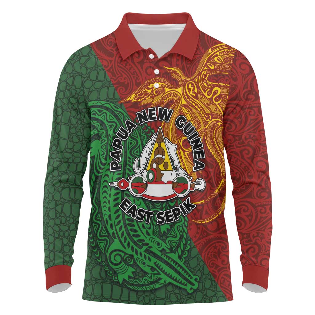 Papua New Guinea East Sepik Province Long Sleeve Polo Shirt Tribal Crocodile Birds of Paradise Melanesian Tattoo LT03 Green - Polynesian Pride