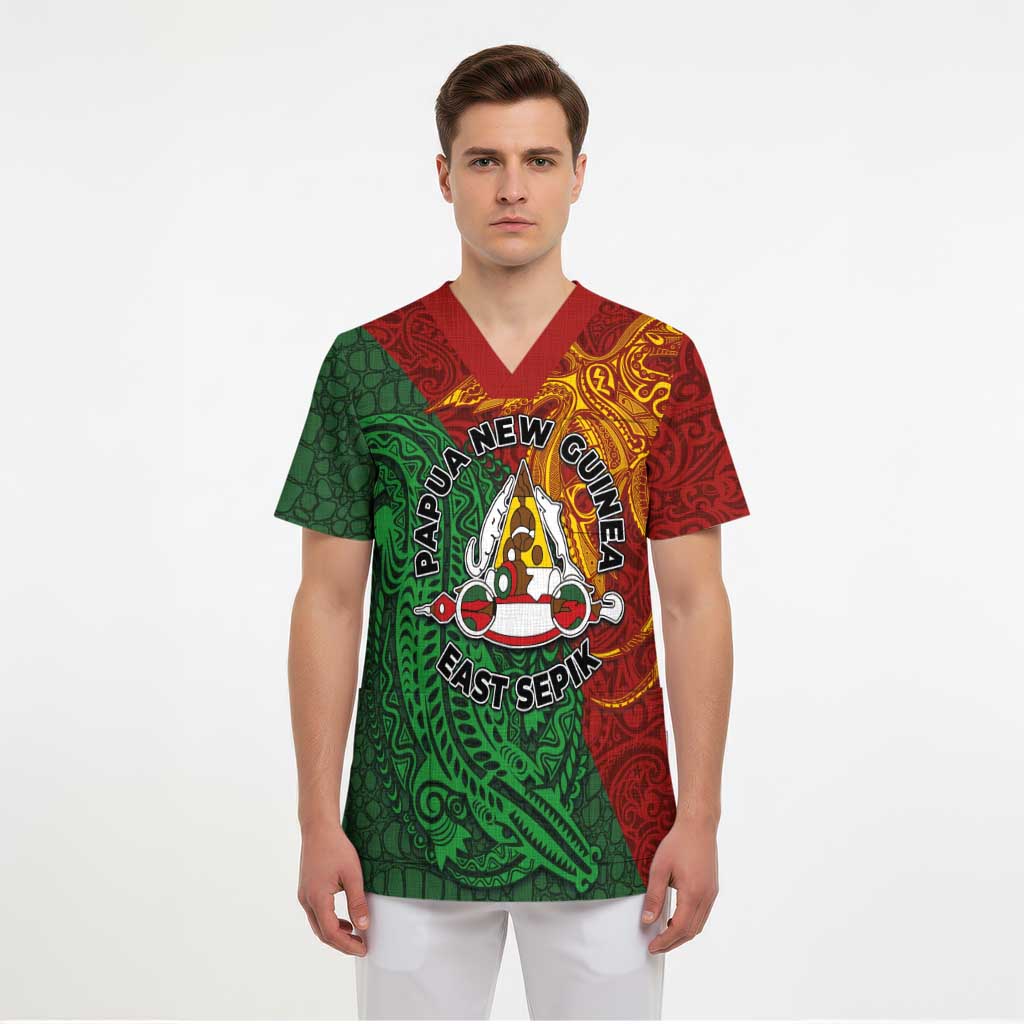 Papua New Guinea East Sepik Province Scrub Top Tribal Crocodile Birds of Paradise Melanesian Tattoo - Polynesian Pride