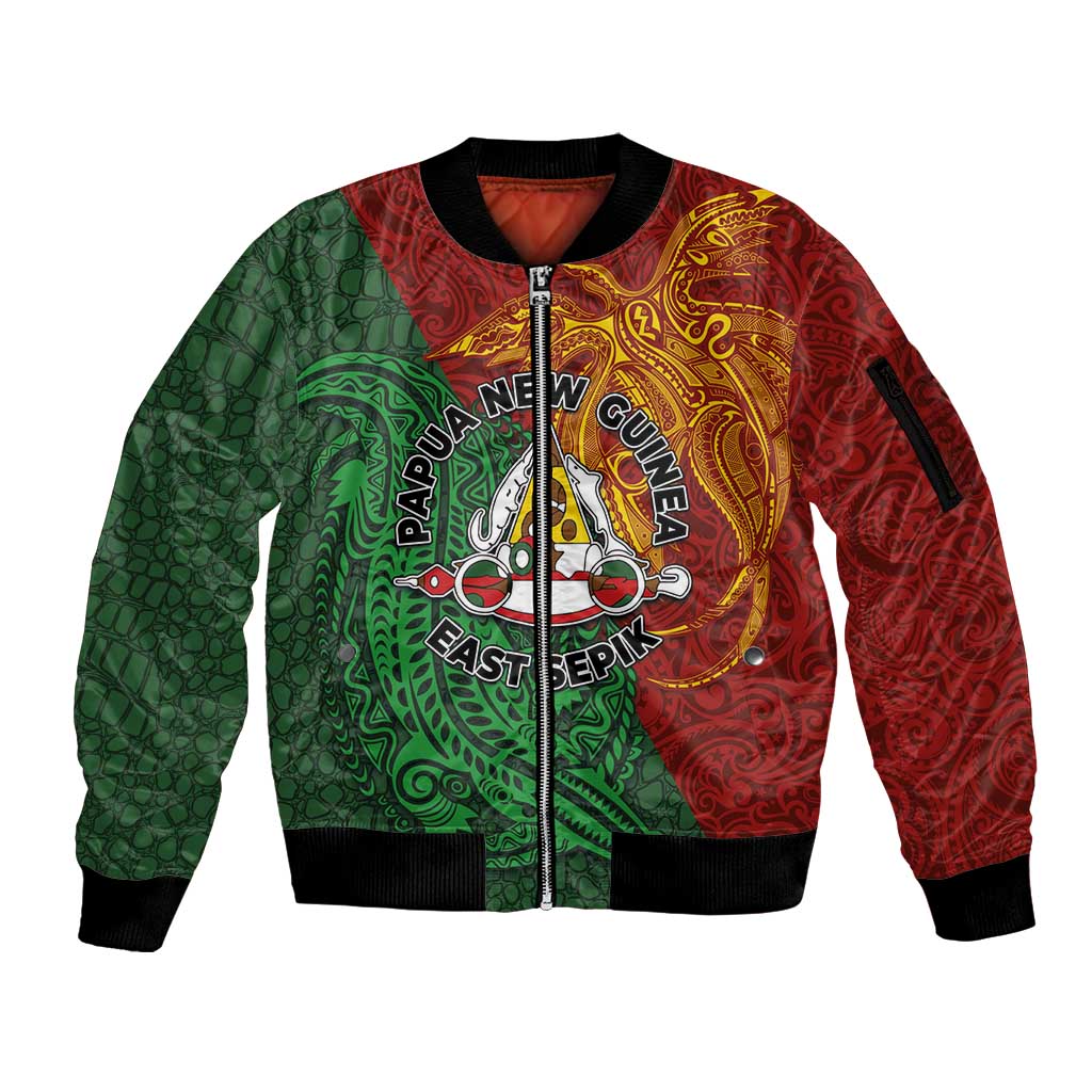 Papua New Guinea East Sepik Province Sleeve Zip Bomber Jacket Tribal Crocodile Birds of Paradise Melanesian Tattoo LT03 Unisex Green - Polynesian Pride