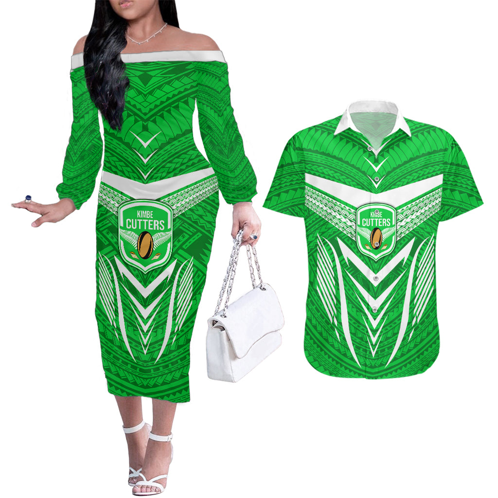 Kimbe Cutters Rugby Couples Matching Off The Shoulder Long Sleeve Dress and Hawaiian Shirt Papua New Guinea Polynesian Tattoo Green Version LT03 Green - Polynesian Pride
