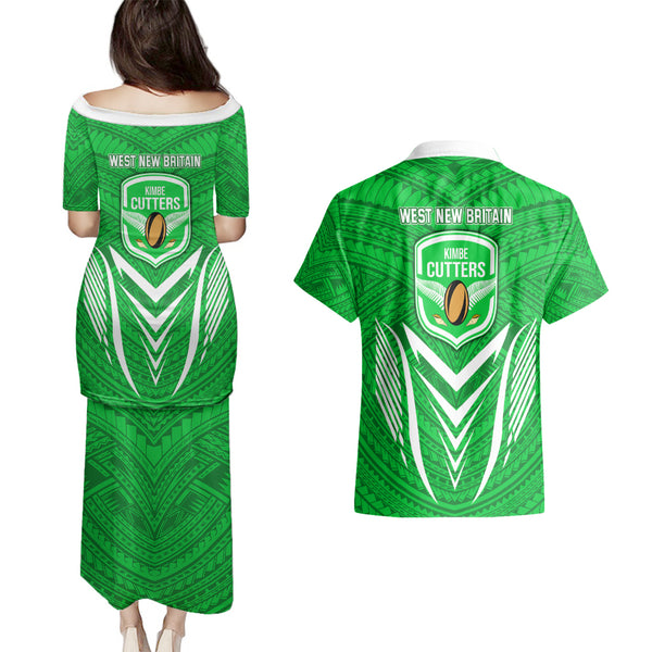 Kimbe Cutters Rugby Couples Matching Off The Shoulder Long Sleeve Dress and Hawaiian Shirt Papua New Guinea Polynesian Tattoo Green Version LT03