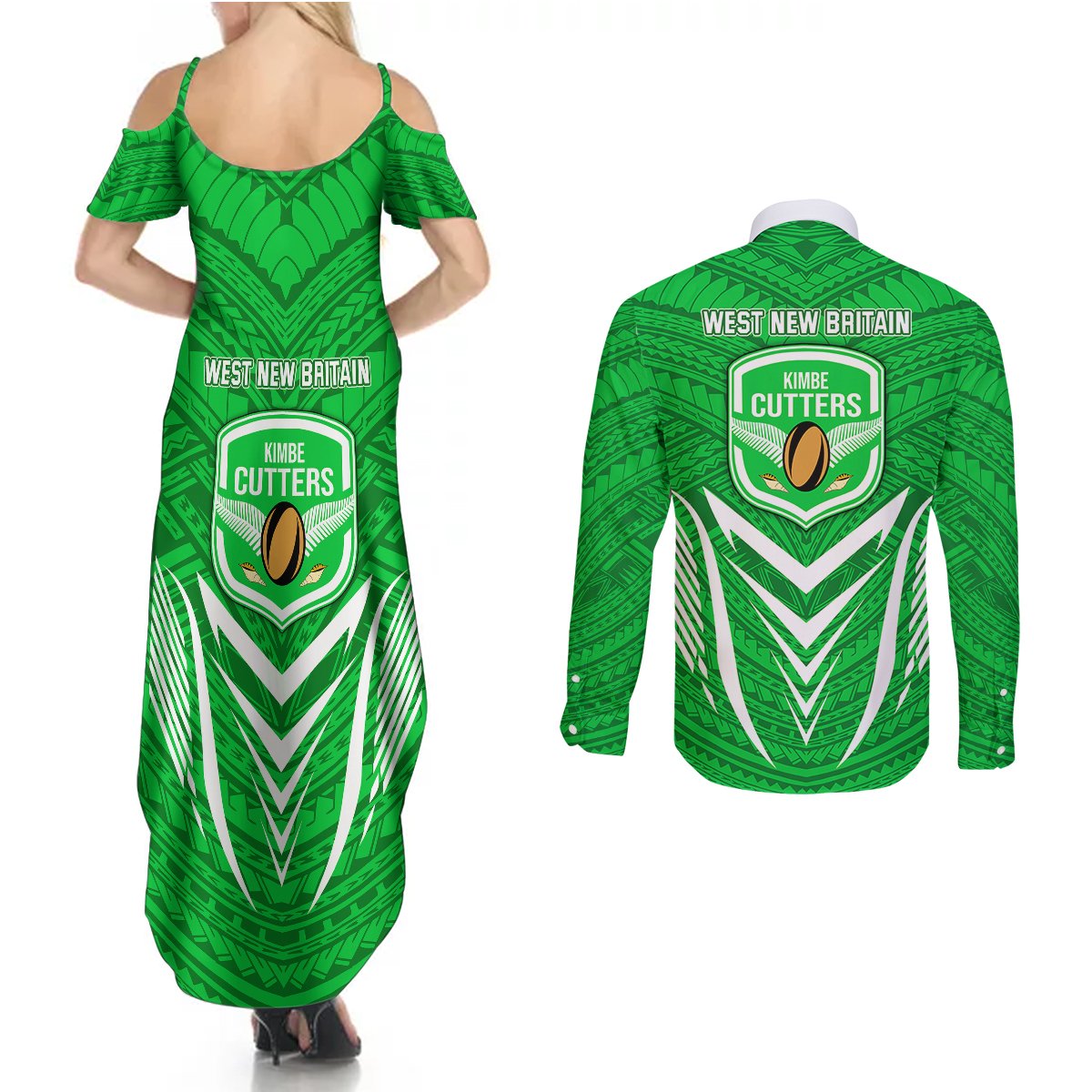 Kimbe Cutters Rugby Couples Matching Summer Maxi Dress and Long Sleeve Button Shirts Papua New Guinea Polynesian Tattoo Green Version LT03 - Polynesian Pride