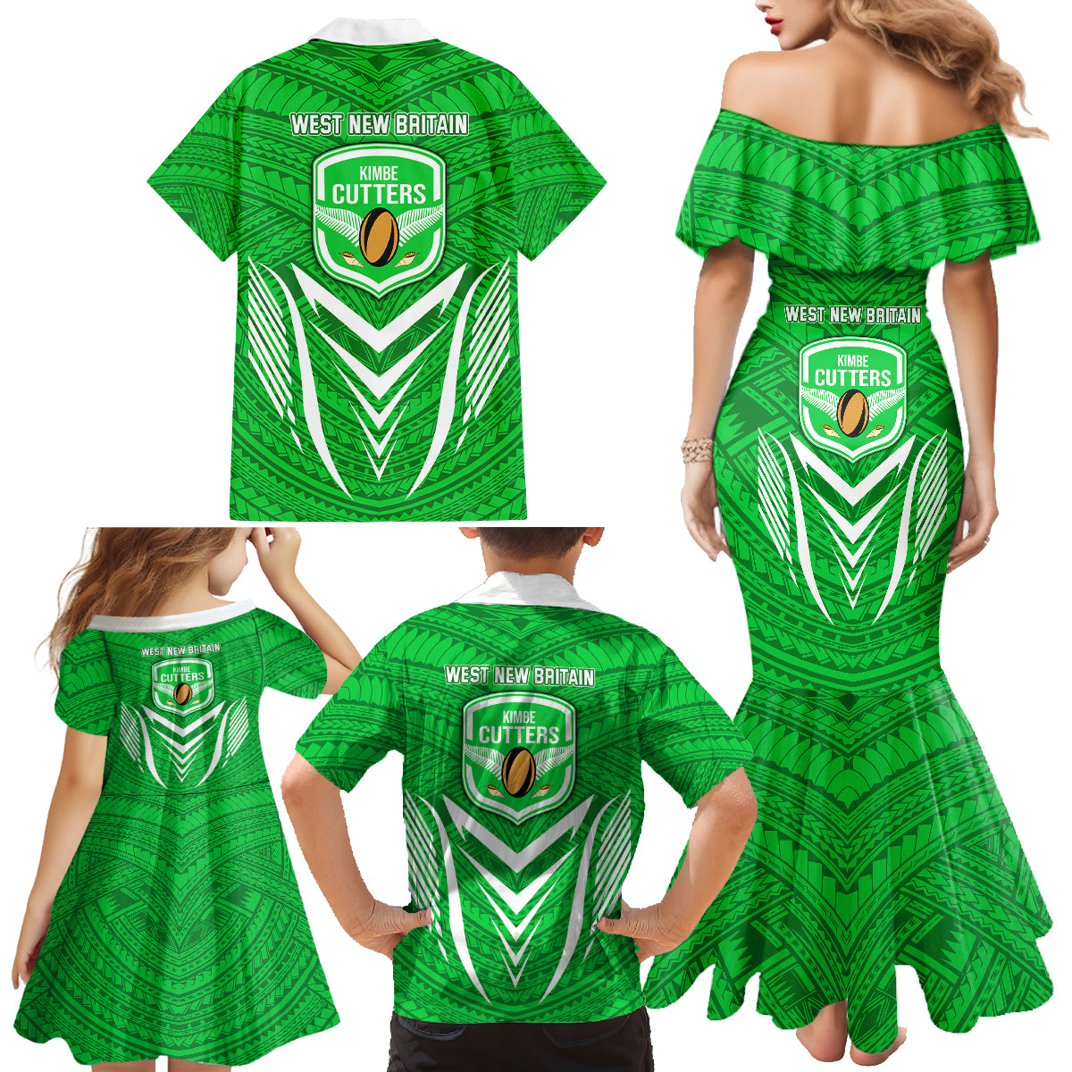Kimbe Cutters Rugby Family Matching Mermaid Dress and Hawaiian Shirt Papua New Guinea Polynesian Tattoo Green Version LT03 - Polynesian Pride
