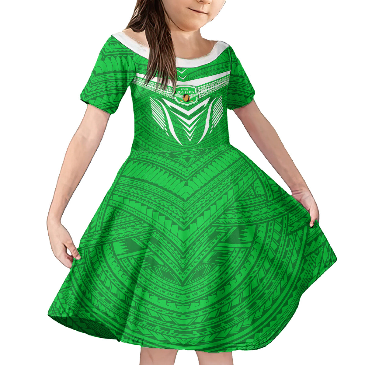 Kimbe Cutters Rugby Family Matching Short Sleeve Bodycon Dress and Hawaiian Shirt Papua New Guinea Polynesian Tattoo Green Version LT03 Daughter's Dress Green - Polynesian Pride