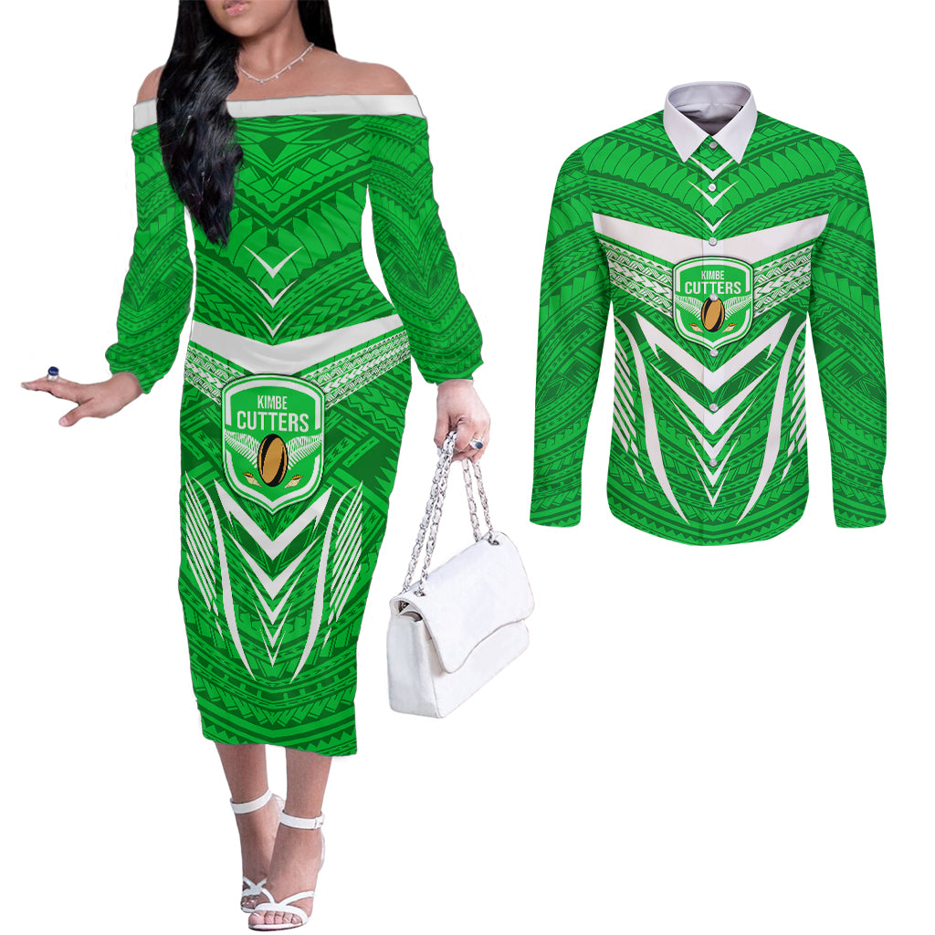 Custom Kimbe Cutters Rugby Couples Matching Off The Shoulder Long Sleeve Dress and Long Sleeve Button Shirts Papua New Guinea Polynesian Tattoo Green Version LT03 Green - Polynesian Pride