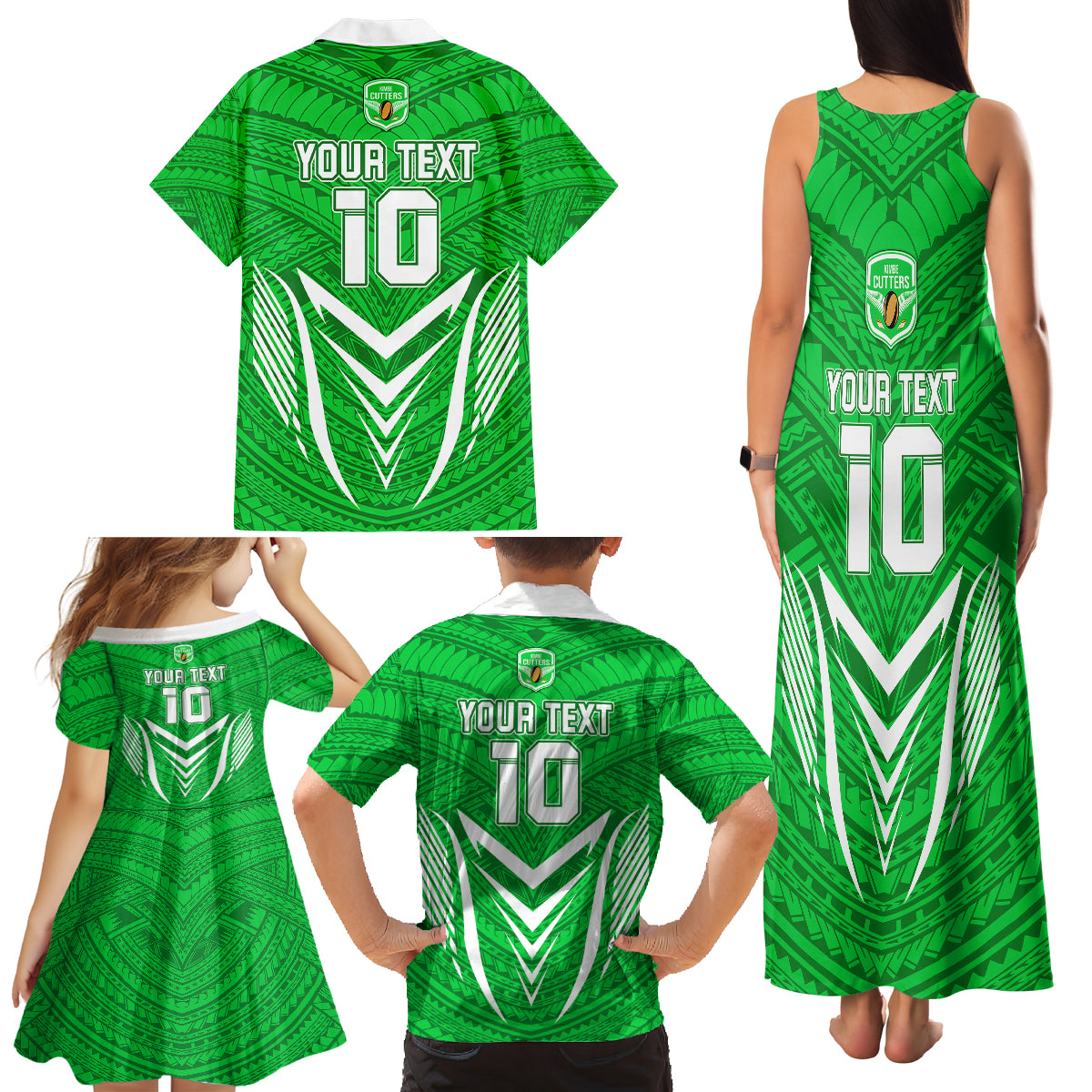 Custom Kimbe Cutters Rugby Family Matching Tank Maxi Dress and Hawaiian Shirt Papua New Guinea Polynesian Tattoo Green Version LT03 - Polynesian Pride