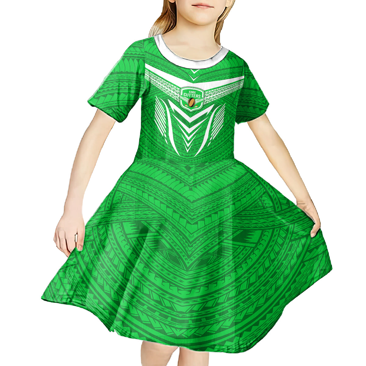 Custom Kimbe Cutters Rugby Kid Short Sleeve Dress Papua New Guinea Polynesian Tattoo Green Version LT03 - Polynesian Pride