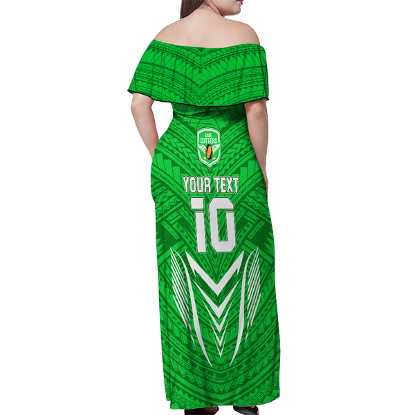 Kimbe Cutters Rugby Couples Matching Off The Shoulder Long Sleeve Dress and Hawaiian Shirt Papua New Guinea Polynesian Tattoo Green Version LT03 main image 1