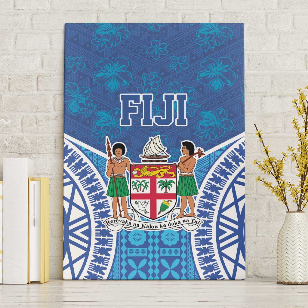 Fiji Day Canvas Wall Art Fijian Masi Tribal Hibiscus Tattoo and Tapa Pattern LT03 Without Frame Blue - Polynesian Pride