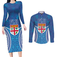Fiji Day Couples Matching Long Sleeve Bodycon Dress and Long Sleeve Button Shirt Fijian Masi Tribal Hibiscus Tattoo and Tapa Pattern