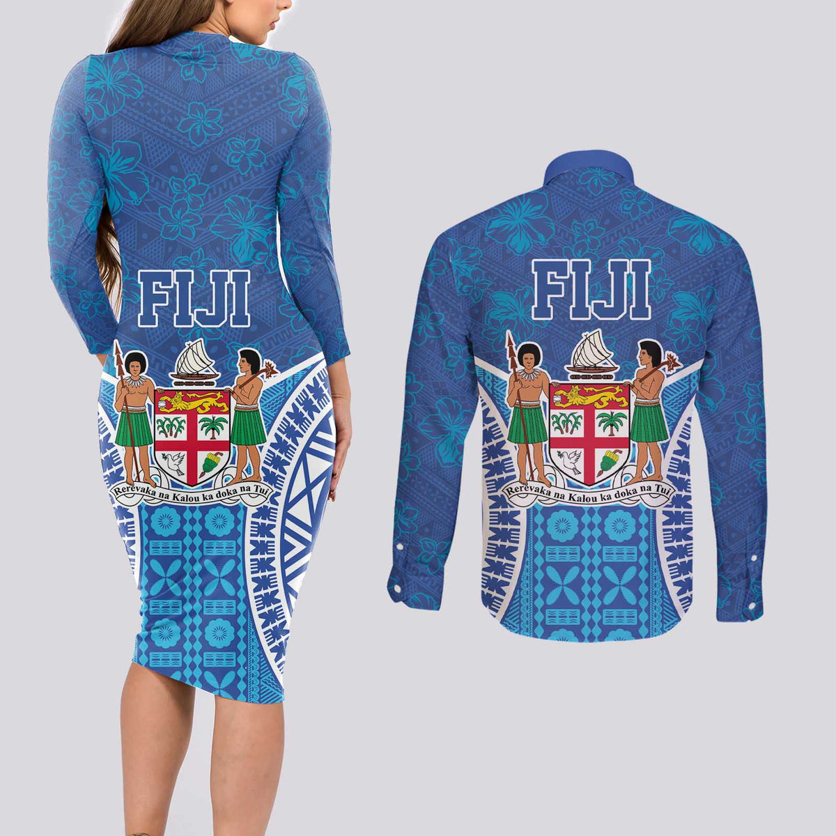 Fiji Day Couples Matching Long Sleeve Bodycon Dress and Long Sleeve Button Shirt Fijian Masi Tribal Hibiscus Tattoo and Tapa Pattern