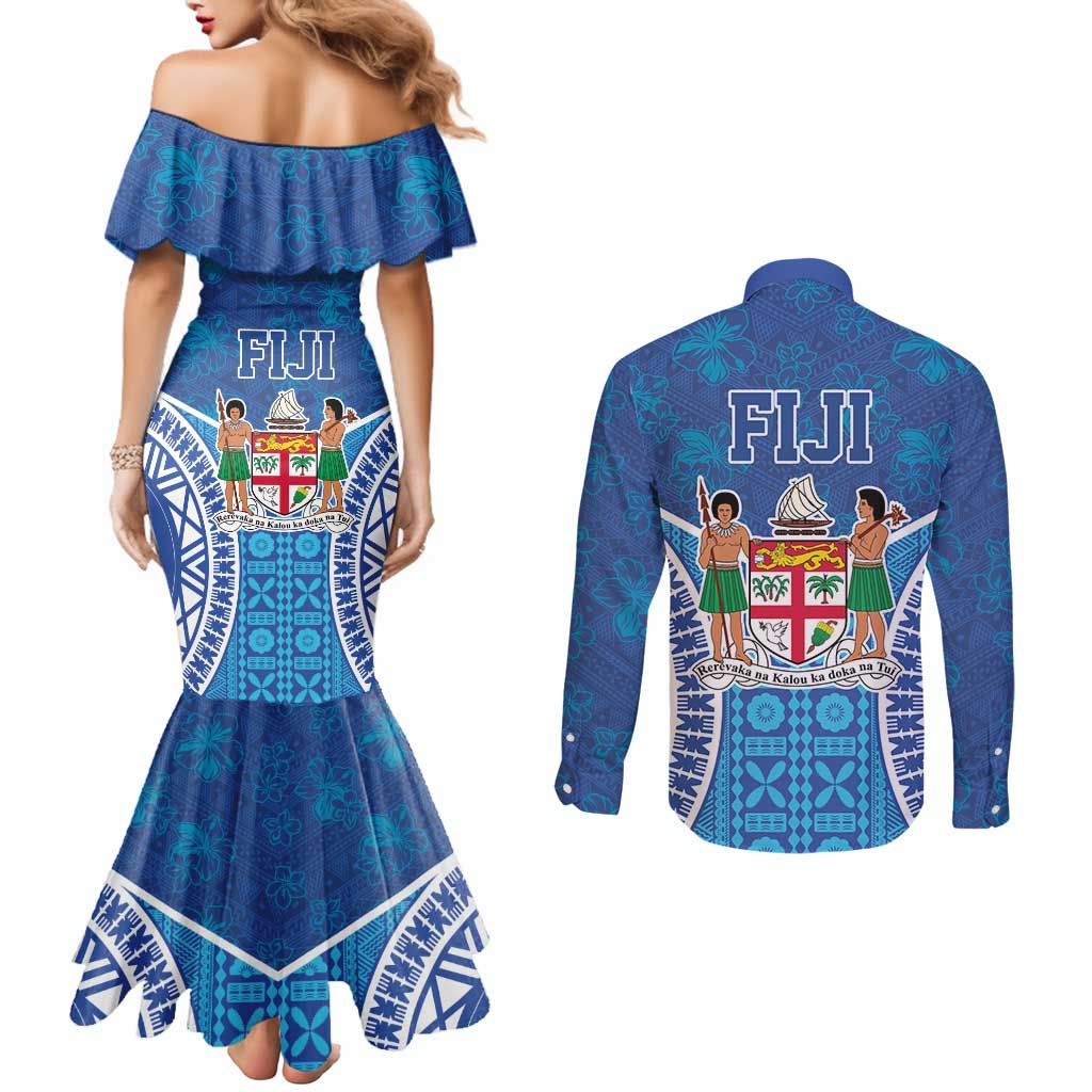 Fiji Day Couples Matching Mermaid Dress and Long Sleeve Button Shirt Fijian Masi Tribal Hibiscus Tattoo and Tapa Pattern
