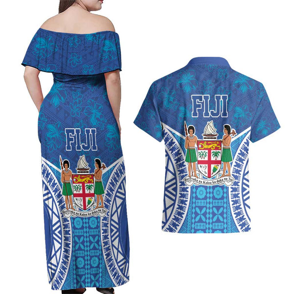 Malampa Fiji Day Couples Matching Off Shoulder Maxi Dress and Hawaiian Shirt Tropical Plants Mix Polynesian and Tapa Pattern LT03 main image 0