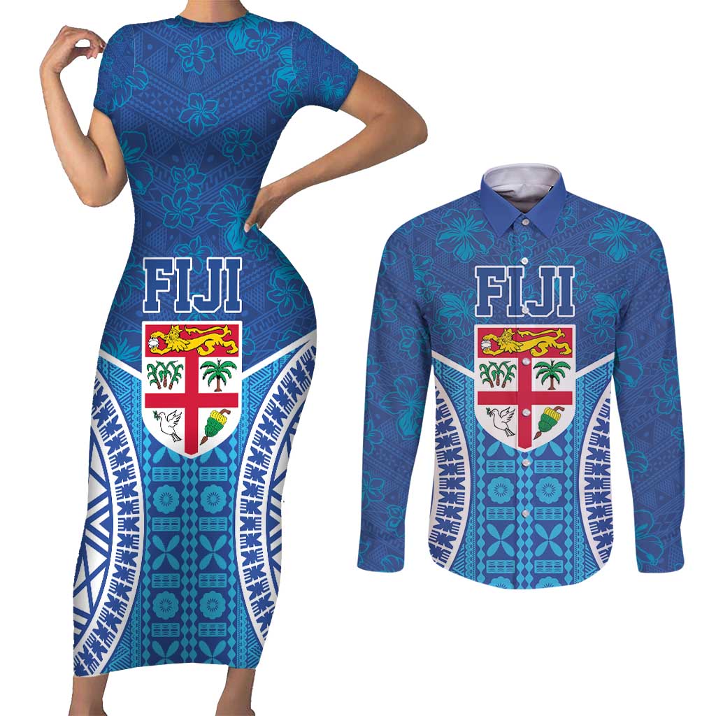 Fiji Day Couples Matching Short Sleeve Bodycon Dress and Long Sleeve Button Shirt Fijian Masi Tribal Hibiscus Tattoo and Tapa Pattern LT03 Blue - Polynesian Pride