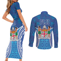 Fiji Day Couples Matching Short Sleeve Bodycon Dress and Long Sleeve Button Shirt Fijian Masi Tribal Hibiscus Tattoo and Tapa Pattern