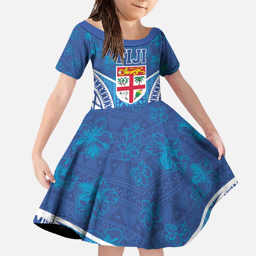 Fiji Day Family Matching Summer Maxi Dress and Hawaiian Shirt Fijian Masi Tribal Hibiscus Tattoo and Tapa Pattern LT03 Daughter's Dress Blue - Polynesian Pride