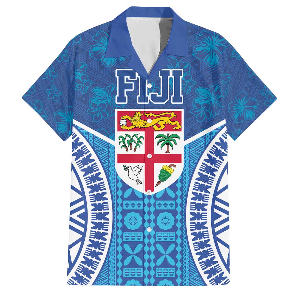 Fiji Day Family Matching Summer Maxi Dress and Hawaiian Shirt Fijian Masi Tribal Hibiscus Tattoo and Tapa Pattern LT03 Dad's Shirt - Short Sleeve Blue - Polynesian Pride