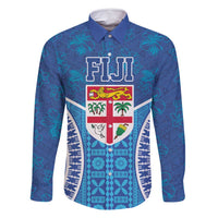 Fiji Day Family Matching Summer Maxi Dress and Hawaiian Shirt Fijian Masi Tribal Hibiscus Tattoo and Tapa Pattern LT03 Dad's Shirt - Long Sleeve Blue - Polynesian Pride