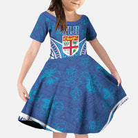 Fiji Day Family Matching Tank Maxi Dress and Hawaiian Shirt Fijian Masi Tribal Hibiscus Tattoo and Tapa Pattern LT03 Daughter's Dress Blue - Polynesian Pride
