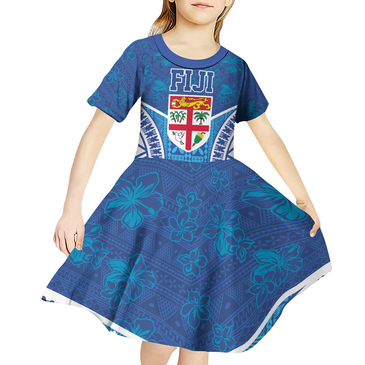 Fiji Day Kid Short Sleeve Dress Fijian Masi Tribal Hibiscus Tattoo and Tapa Pattern