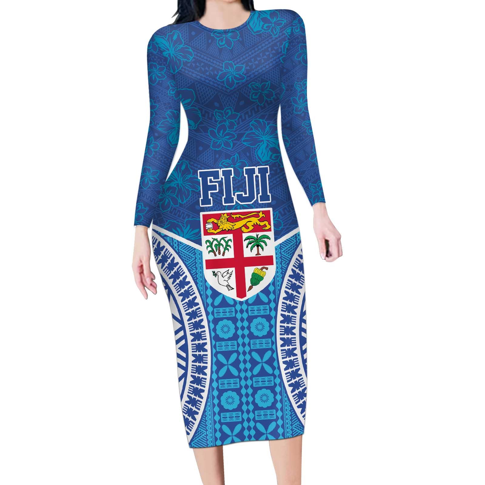 Fiji Day Long Sleeve Bodycon Dress Fijian Masi Tribal Hibiscus Tattoo and Tapa Pattern LT03 Long Dress Blue - Polynesian Pride