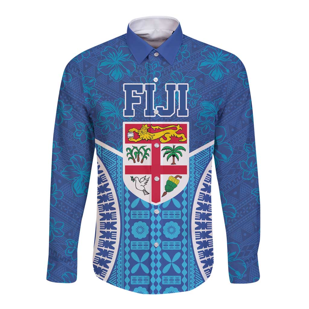 Fiji Day Long Sleeve Button Shirt Fijian Masi Tribal Hibiscus Tattoo and Tapa Pattern LT03 Unisex Blue - Polynesian Pride