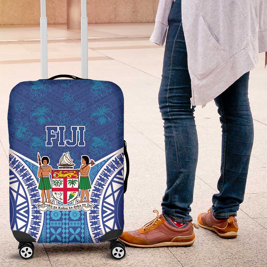 Fiji Day Luggage Cover Fijian Masi Tribal Hibiscus Tattoo and Tapa Pattern LT03 Blue - Polynesian Pride