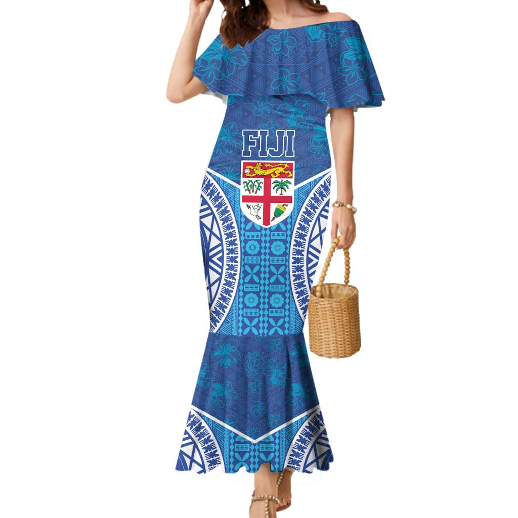 Fiji Day Mermaid Dress Fijian Masi Tribal Hibiscus Tattoo and Tapa Pattern LT03 Women Blue - Polynesian Pride
