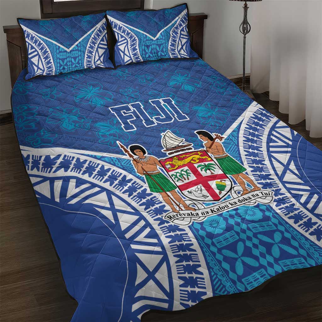 Fiji Day Quilt Bed Set Fijian Masi Tribal Hibiscus Tattoo and Tapa Pattern LT03 Blue - Polynesian Pride