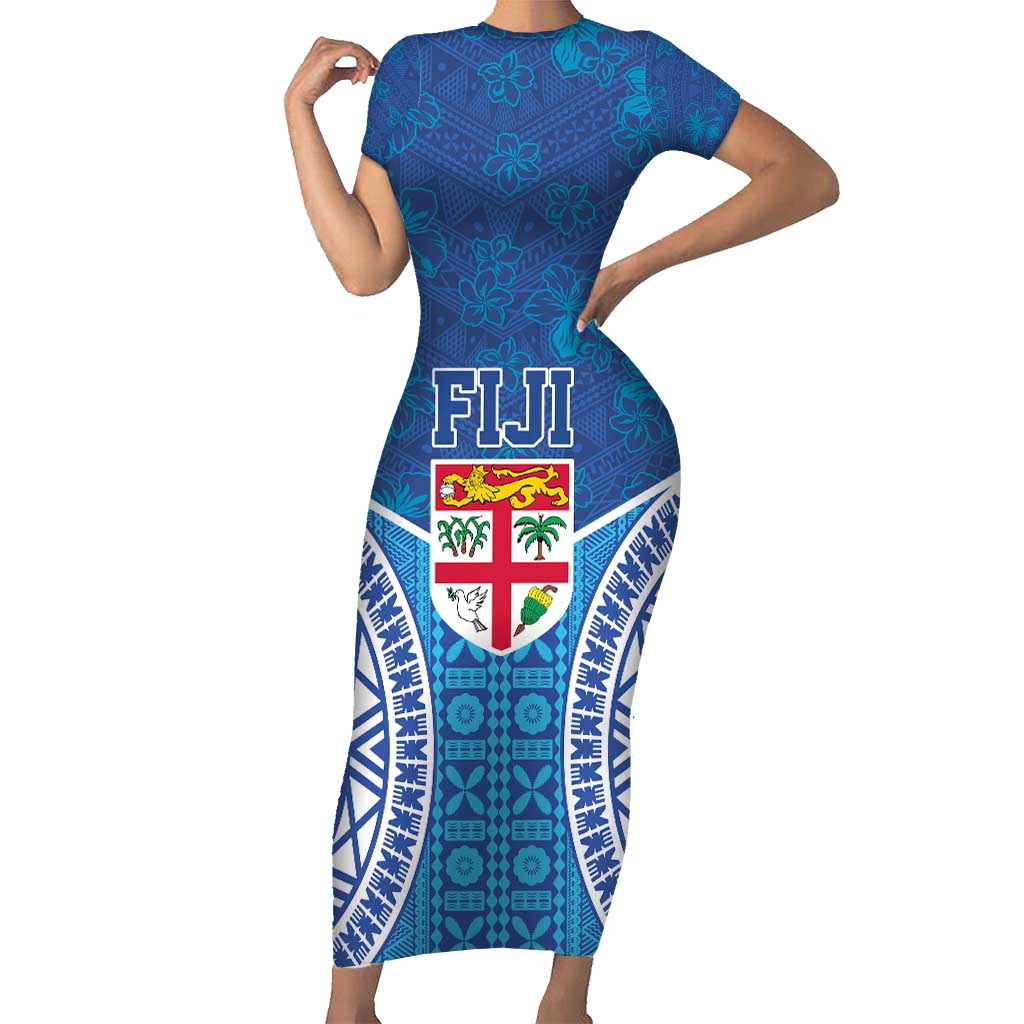 Fiji Day Short Sleeve Bodycon Dress Fijian Masi Tribal Hibiscus Tattoo and Tapa Pattern LT03 Long Dress Blue - Polynesian Pride