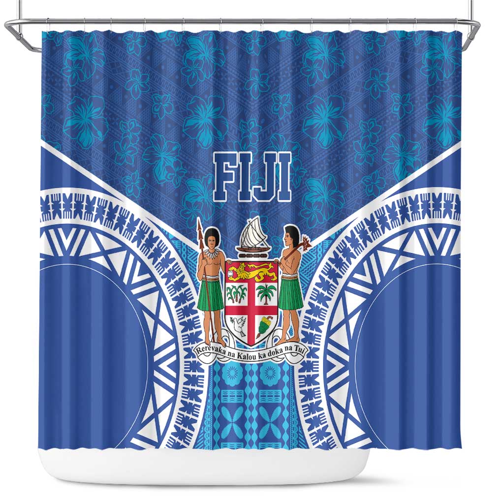 Fiji Day Shower Curtain Fijian Masi Tribal Hibiscus Tattoo and Tapa Pattern LT03 Blue - Polynesian Pride