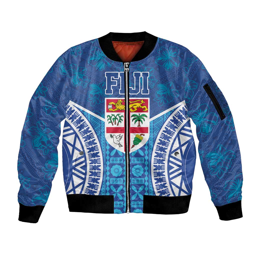 Fiji Day Sleeve Zip Bomber Jacket Fijian Masi Tribal Hibiscus Tattoo and Tapa Pattern LT03 Unisex Blue - Polynesian Pride
