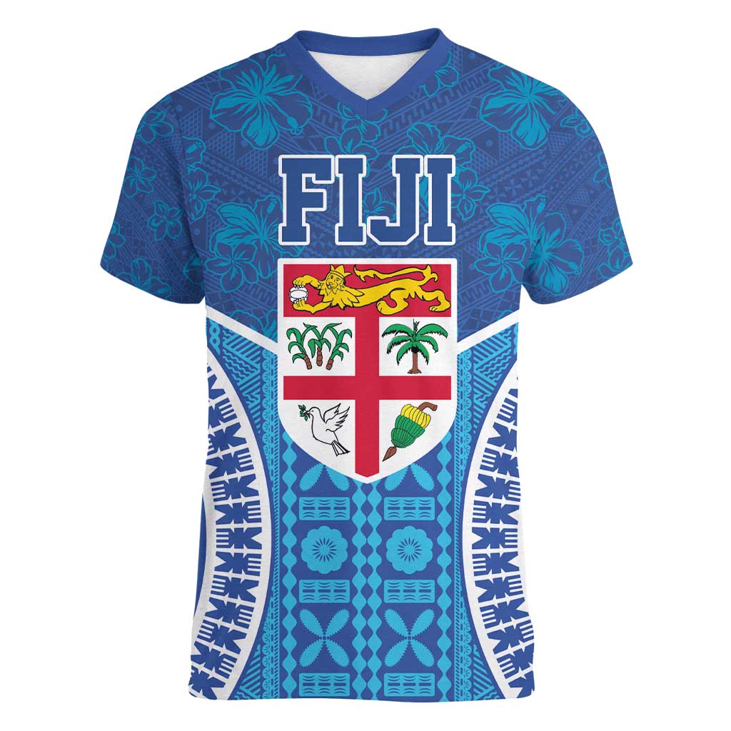 Fiji Day Women V-Neck T-Shirt Fijian Masi Tribal Hibiscus Tattoo and Tapa Pattern LT03 Female Blue - Polynesian Pride