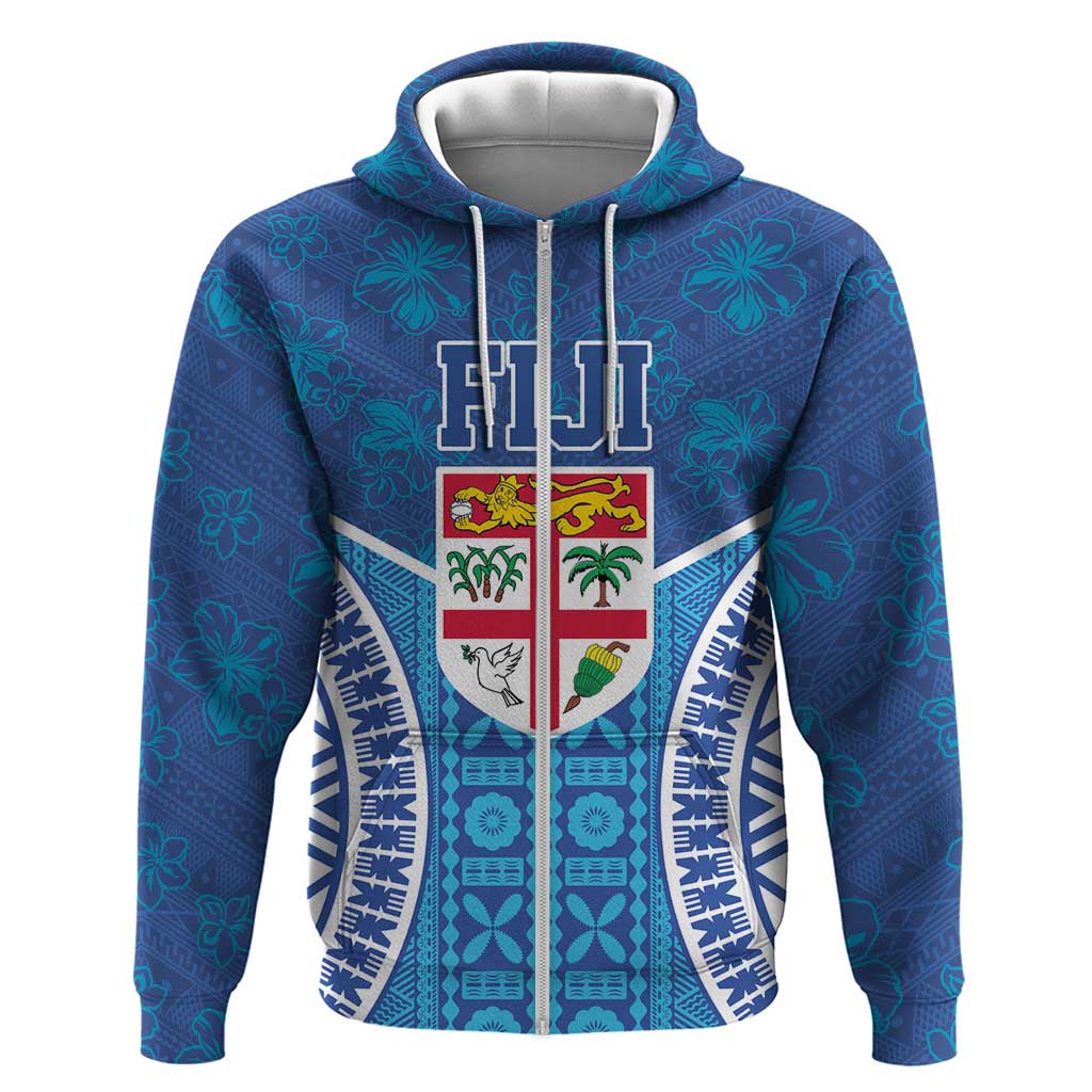 Fiji Day Zip Hoodie Fijian Masi Tribal Hibiscus Tattoo and Tapa Pattern LT03 Zip Hoodie Blue - Polynesian Pride