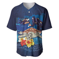Polynesian Scuba Diving Baseball Jersey Honu with Hibiscus and Plumeria Flower and Tapa Tribal Pattern LT03 Blue - Polynesian Pride