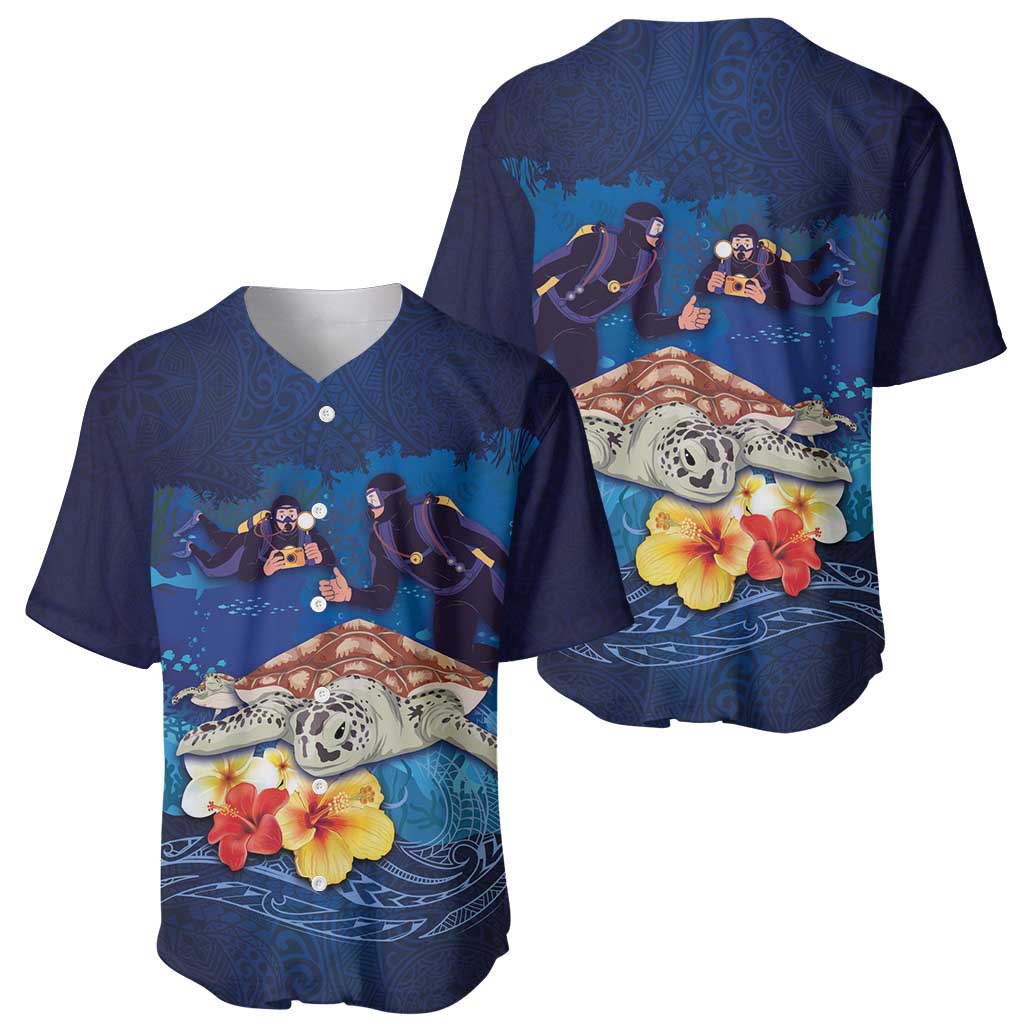 Polynesian Scuba Diving Baseball Jersey Honu with Hibiscus and Plumeria Flower and Tapa Tribal Pattern LT03 - Polynesian Pride