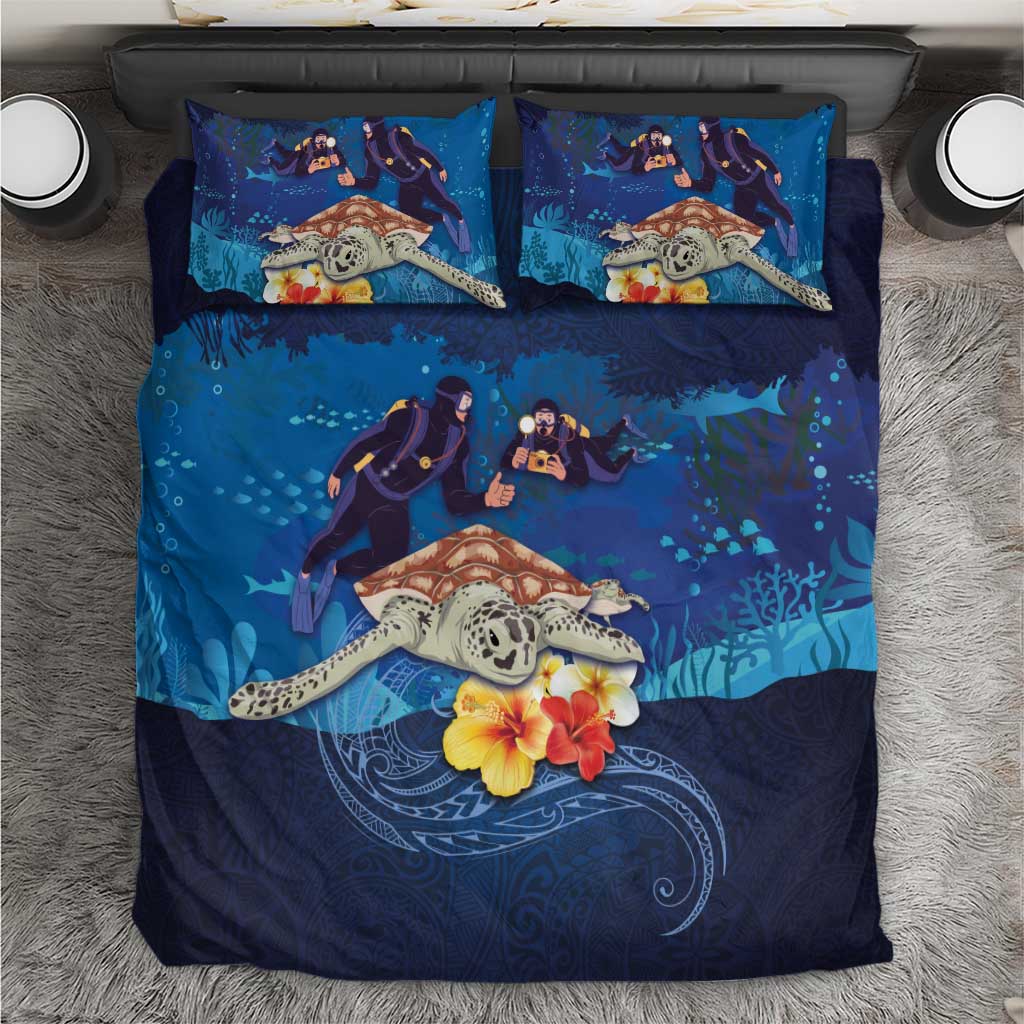 Polynesian Scuba Diving Bedding Set Honu with Hibiscus and Plumeria Flower and Tapa Tribal Pattern LT03 Blue - Polynesian Pride