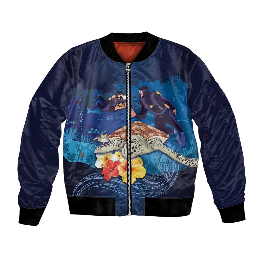 Polynesian Scuba Diving Bomber Jacket Honu with Hibiscus and Plumeria Flower and Tapa Tribal Pattern LT03 Unisex Blue - Polynesian Pride