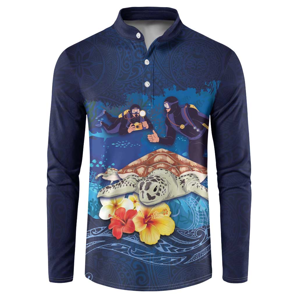 Polynesian Scuba Diving Button Sweatshirt Honu with Hibiscus and Plumeria Flower and Tapa Tribal Pattern LT03 Blue - Polynesian Pride