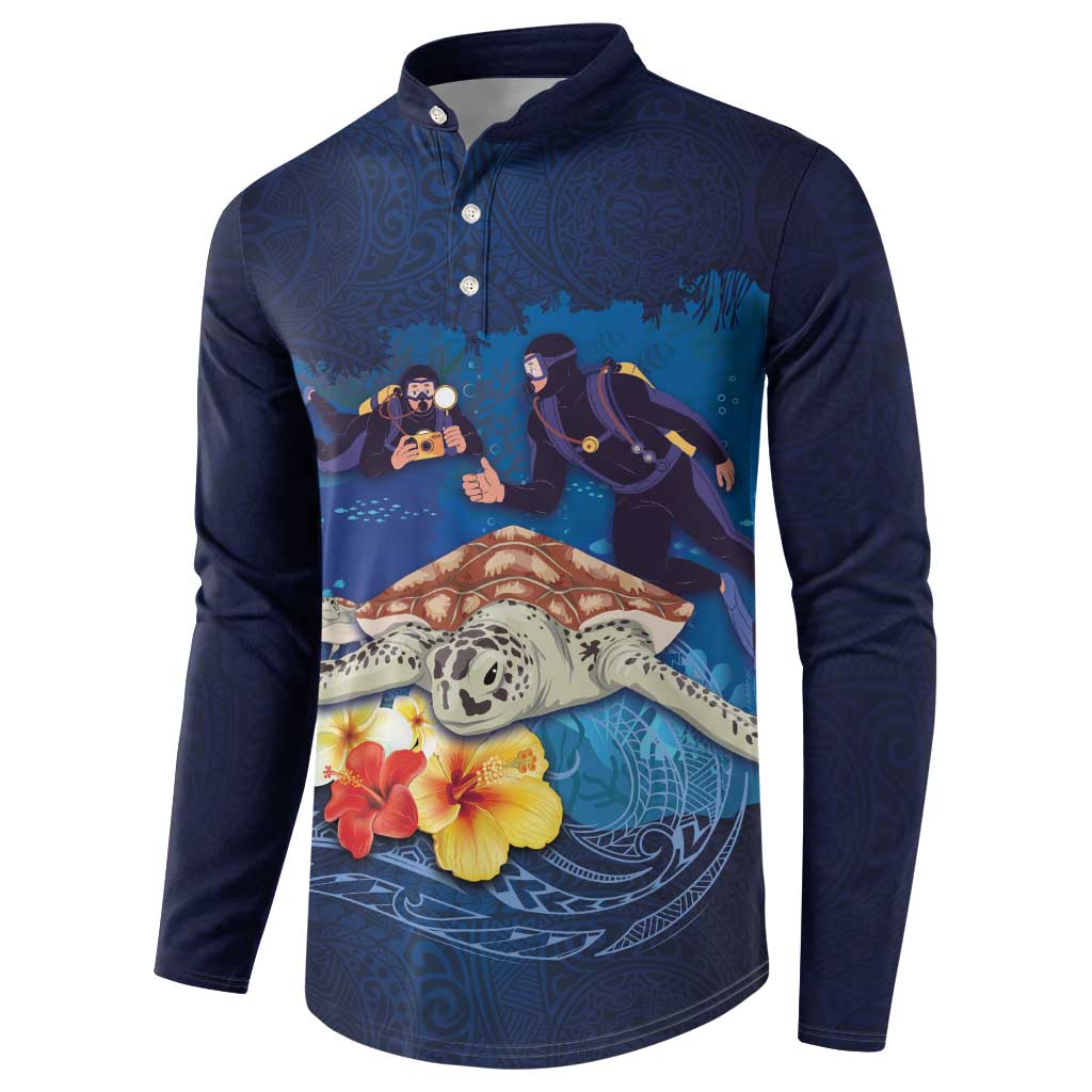 Polynesian Scuba Diving Button Sweatshirt Honu with Hibiscus and Plumeria Flower and Tapa Tribal Pattern LT03 - Polynesian Pride